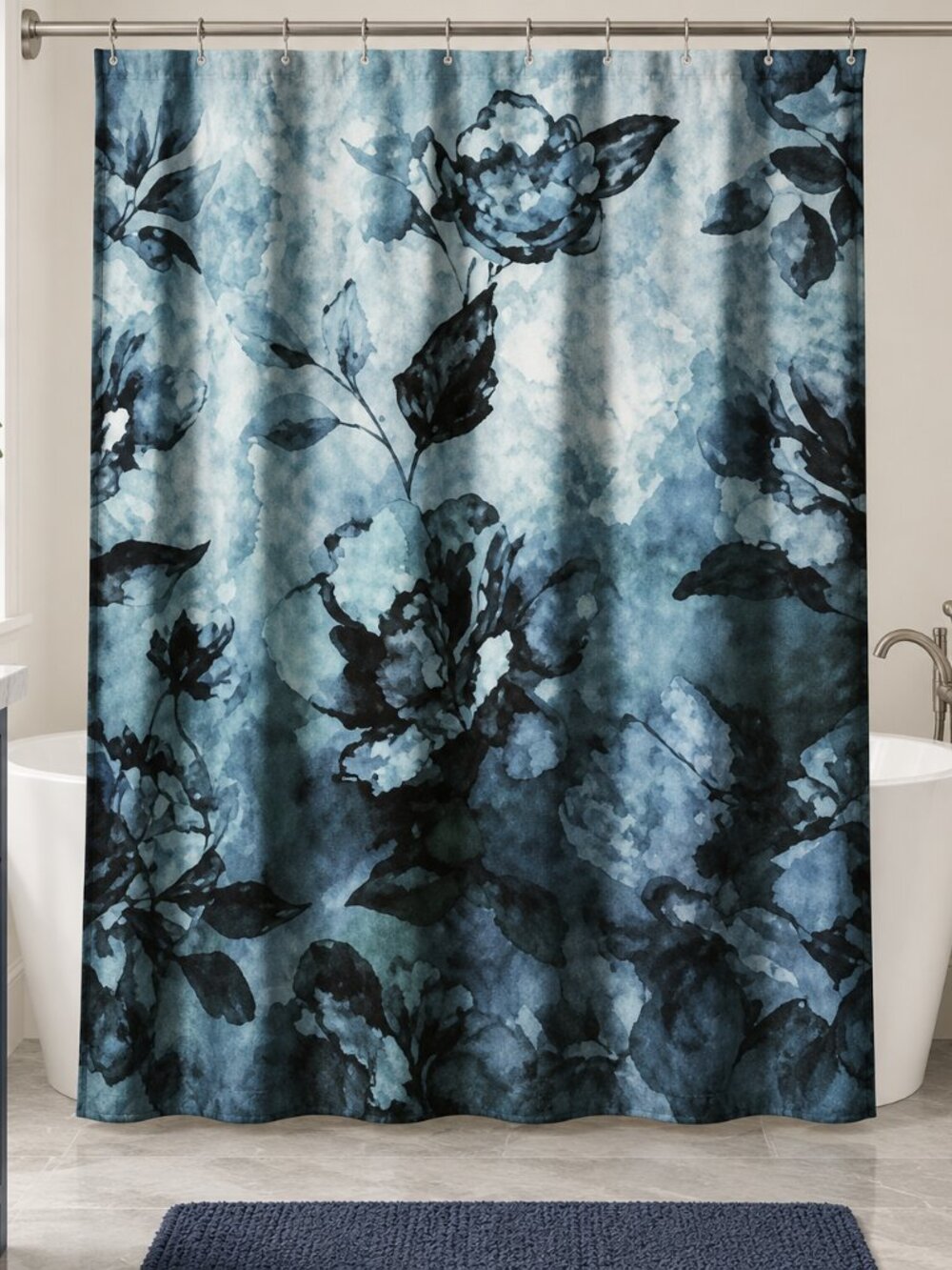 Idea Nuova Fabric Shower Curtain Floral Bathroom Spring Blue Watercolor 72x72"